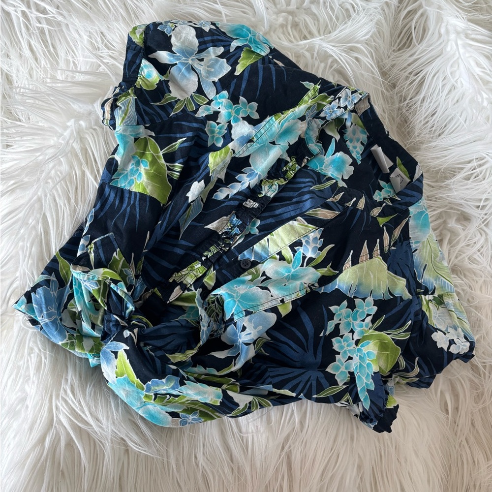 Vintage 100% cotton tropical cap sleeve button up, size S petite